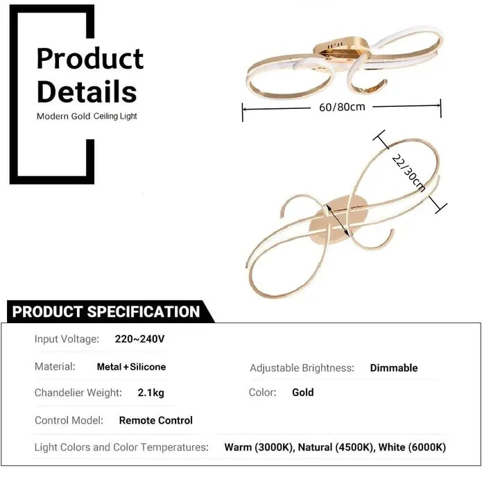 BAMDECOR AD2576 Modern Minimalist Curved Line Iron Aluminum Silicone LED Semi-Flush Mount Ceiling Light For Living Room (Gold)