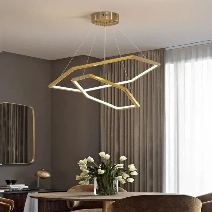 BAMDECOR AD2582/2 Modern LED Chandelier, Hexagonal Rings Ceiling Lighting Contemporary Chandeliers (2 Rings-Brass Gold)