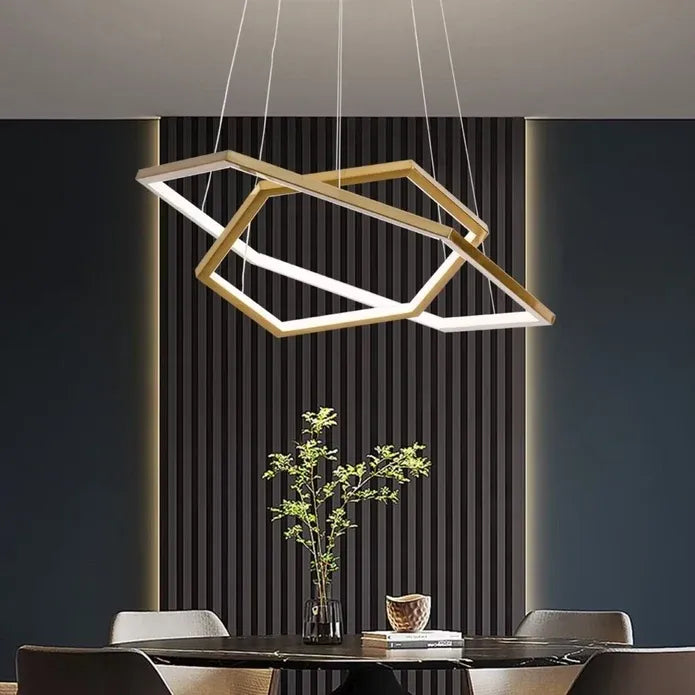 BAMDECOR AD2582/2 Modern LED Chandelier, Hexagonal Rings Ceiling Lighting Contemporary Chandeliers (2 Rings-Brass Gold)