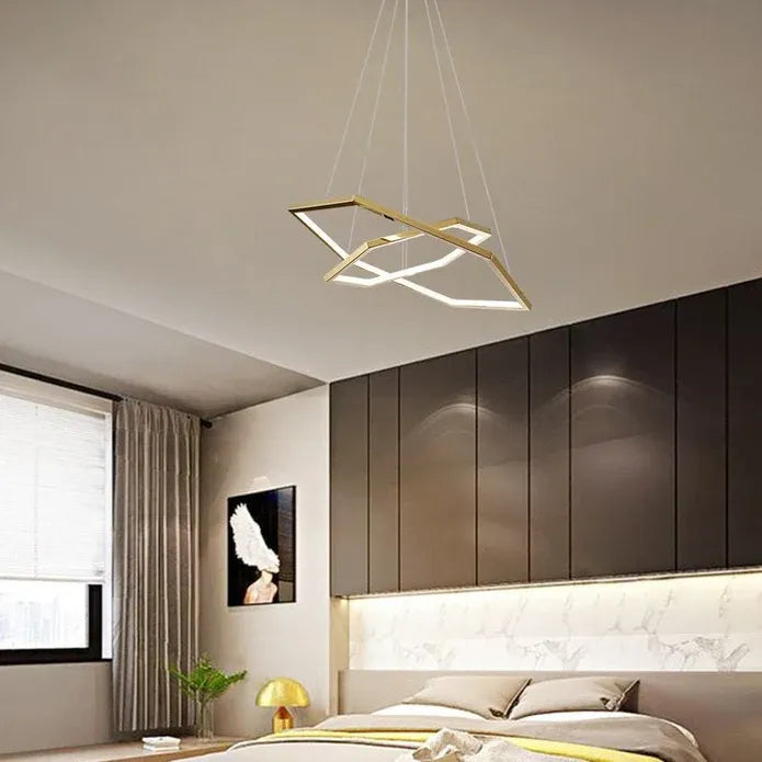 BAMDECOR AD2582/2 Modern LED Chandelier, Hexagonal Rings Ceiling Lighting Contemporary Chandeliers (2 Rings-Brass Gold)