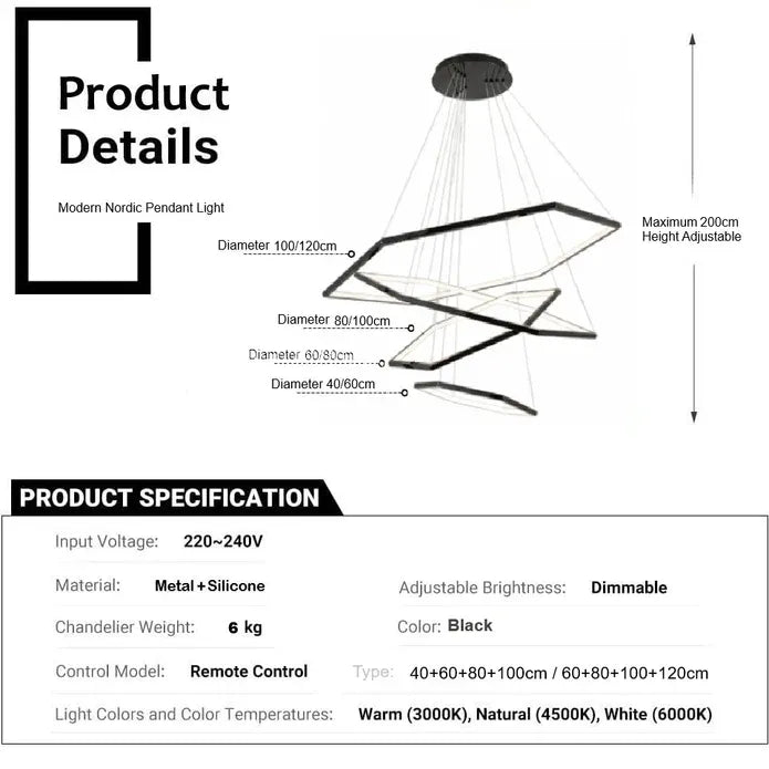 BAMDECOR AD2582/4 Modern LED Chandelier, Hexagonal Rings Ceiling Lighting Contemporary Chandeliers (4 Rings-Black)