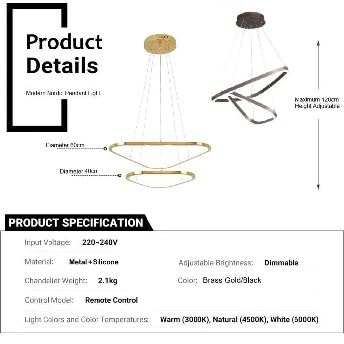 BAMDECOR AD2583 Modern Triangular LED Chandelier (Two Rings-Gold