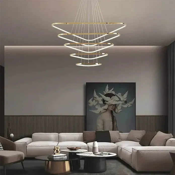 BAMDECOR AD2583 Modern Triangular LED Chandelier (Five Rings-Gold