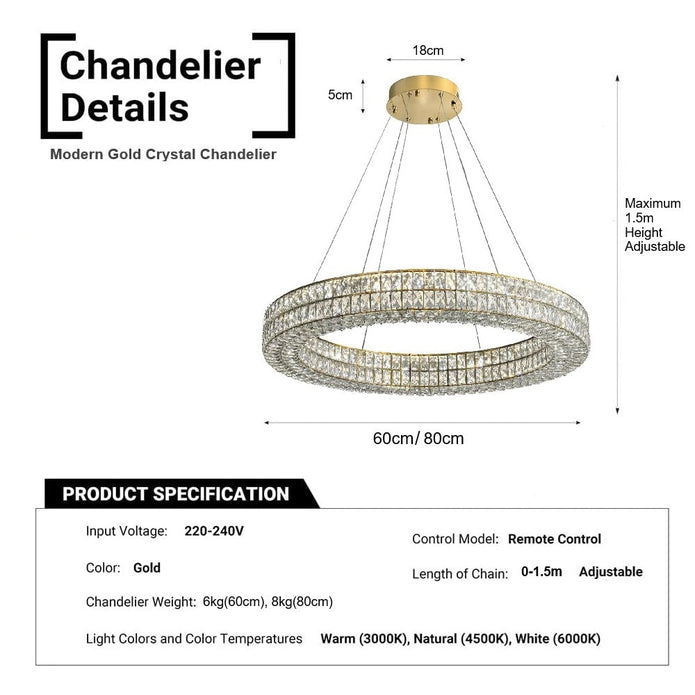 BAMDECOR C3332/1  Round Luxury Crystal Chandelier Modern LED Crystal Chandelier LED Ring Pendant Light Stainless Steel Ceiling Lamp Hanging Lights,for Dining Living Room (Gold)