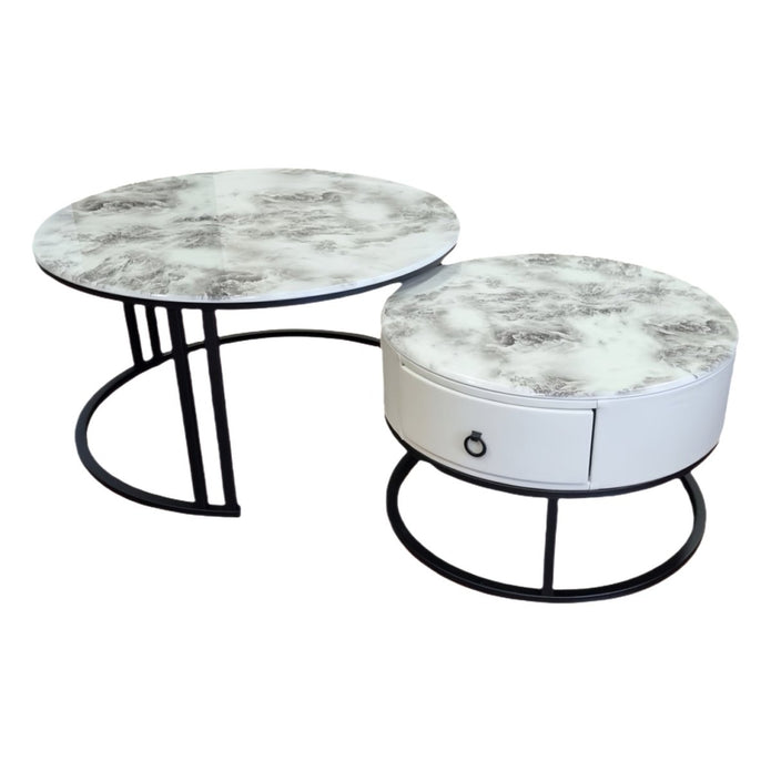 Snowy Mountain Faux Modern Marble Slate Nesting Coffee Table Set Leather Wrapped Wood Drawers