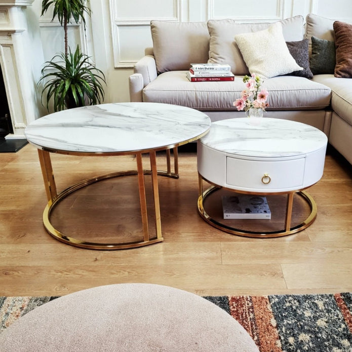 Snowy Mountain Faux Modern Marble Slate Nesting Coffee Table Set Leather Wrapped Wood Drawers