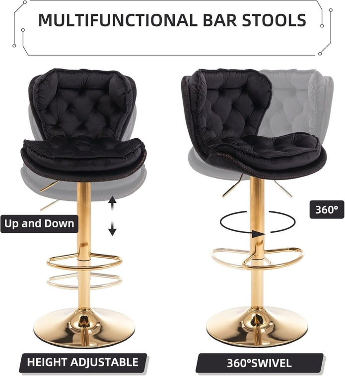 SERENITà Swivel Bar Stools Set of 2 Counter Height Barstools with Back Velvet Upholstered Adjustable Stool Chair Mid Century Modern Bar Stool for Kitchen Island (Black)