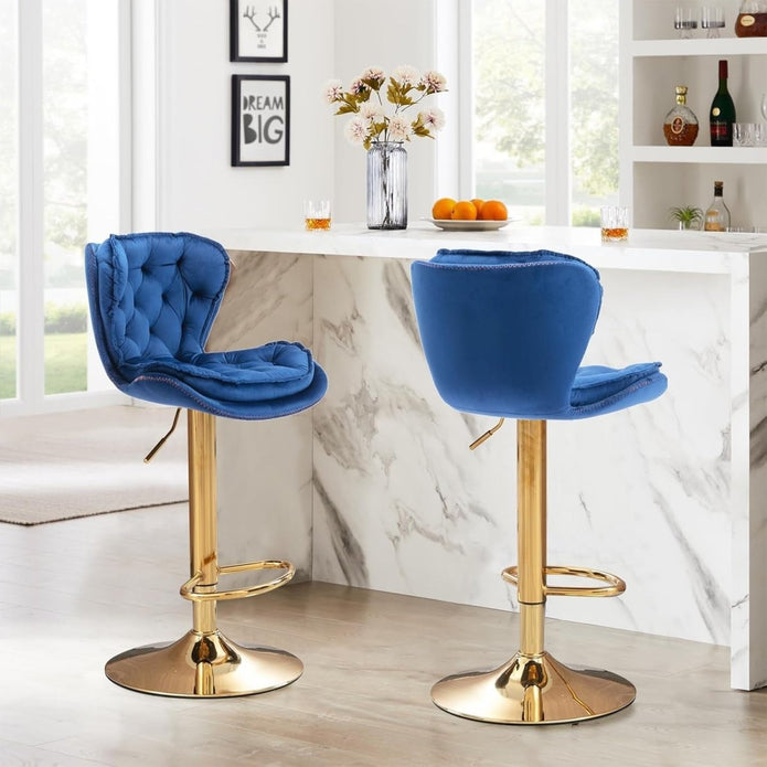 SERENITà Swivel Bar Stools Set of 2 Counter Height Barstools with Back Velvet Upholstered Adjustable Stool Chair Mid Century Modern Bar Stool for Kitchen Island (Navy Blue)