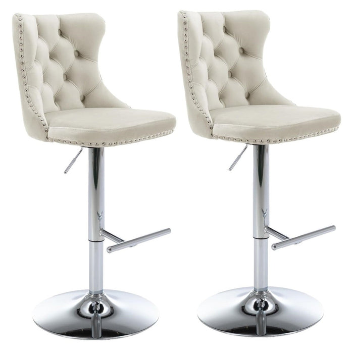 SERENITà Ivory Velvet Bar Stools Adjustable Swivel Counter Height Chairs with Tufted Back and Nailhead Trim for Kitchen Island Pub Restaurant (2Pcs, Chrome Metal)