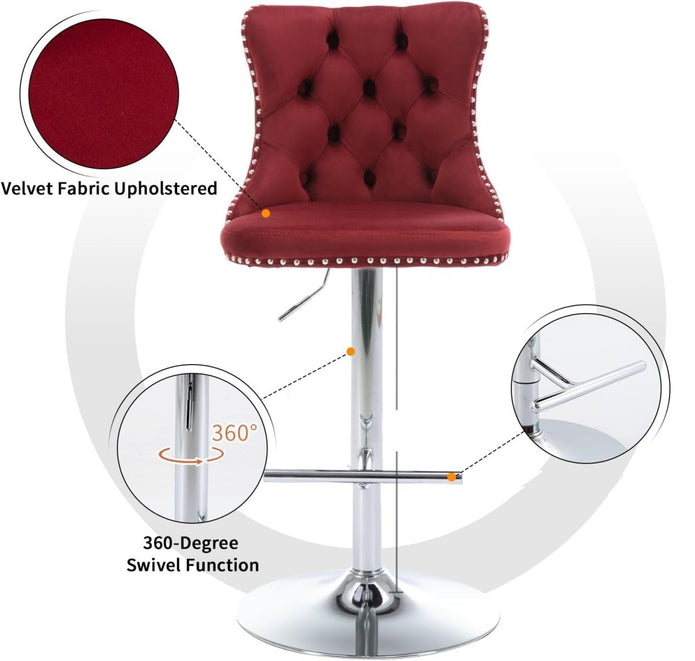SERENITà Red Velvet Bar Stools Adjustable Swivel Counter Height Chairs with Tufted Back and Nailhead Trim for Kitchen Island Pub Restaurant (2Pcs, Chrome Metal)
