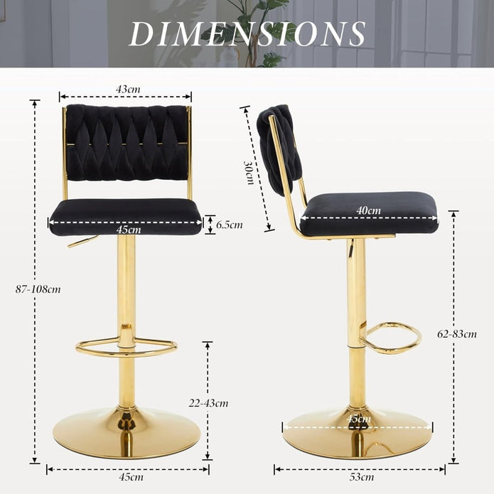 SERENITà 2x Velvet Bar Stools with Braided Back Elegant Kitchen High Chairs, Kitchen Island Stools Adjustable Height Swivel Bar Chairs with Gold Legs for Home-Black