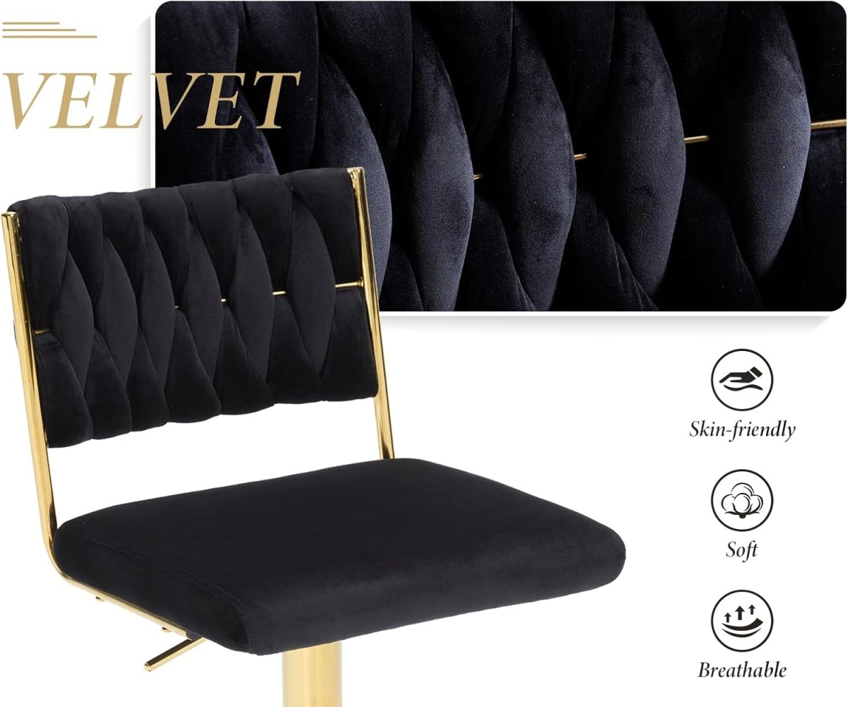 SERENITà 2x Velvet Bar Stools with Braided Back Elegant Kitchen High Chairs, Kitchen Island Stools Adjustable Height Swivel Bar Chairs with Gold Legs for Home-Black