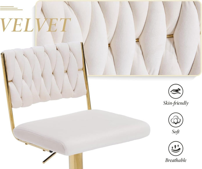 SERENITà 2x Velvet Bar Stools with Braided Back Elegant Kitchen High Chairs, Kitchen Island Stools Adjustable Height Swivel Bar Chairs with Gold Legs for Home-White