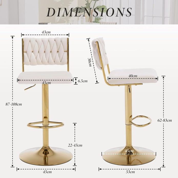 SERENITà 2x Velvet Bar Stools with Braided Back Elegant Kitchen High Chairs, Kitchen Island Stools Adjustable Height Swivel Bar Chairs with Gold Legs for Home-White