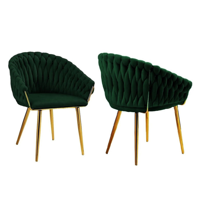 SERENITà Emerald Green Modern Velvet Dining Chairs, Upholstered Living Room Chair with Woven Back and Golden Metal Legs, Mid-Century Accent Set of 2
