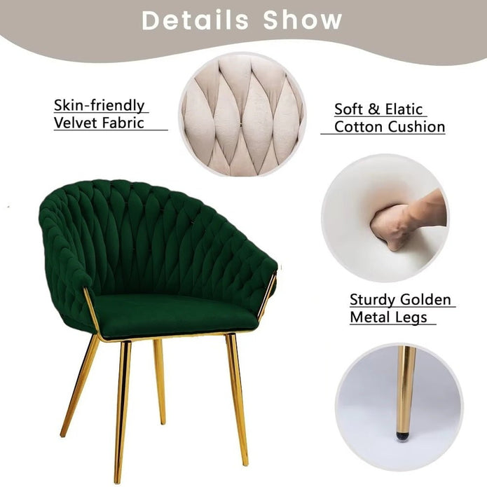 SERENITà Emerald Green Modern Velvet Dining Chairs, Upholstered Living Room Chair with Woven Back and Golden Metal Legs, Mid-Century Accent Set of 2