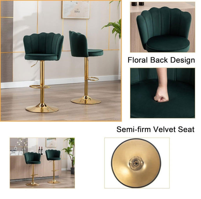 SERENITà Swivel Bar Stools Bar Height Set of 2 Adjustable Upholstered Counter Barstool Velvet Bar Chairs with Back/Gold Base for Kitchen Island/Bar/Cafe-Emerald Green