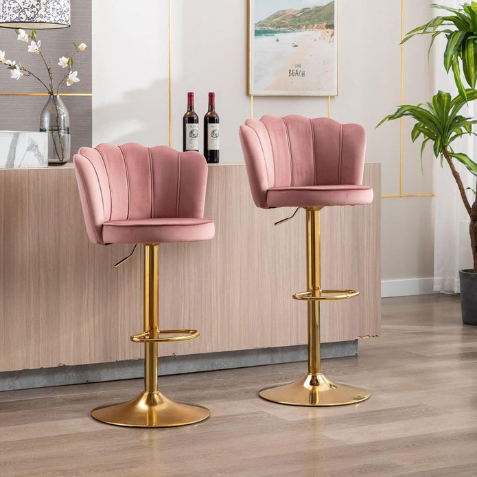 SERENITà Swivel Bar Stools Bar Height Set of 2 Adjustable Upholstered Counter Barstool Velvet Bar Chairs with Back/Gold Base for Kitchen Island/Bar/Cafe-Pink