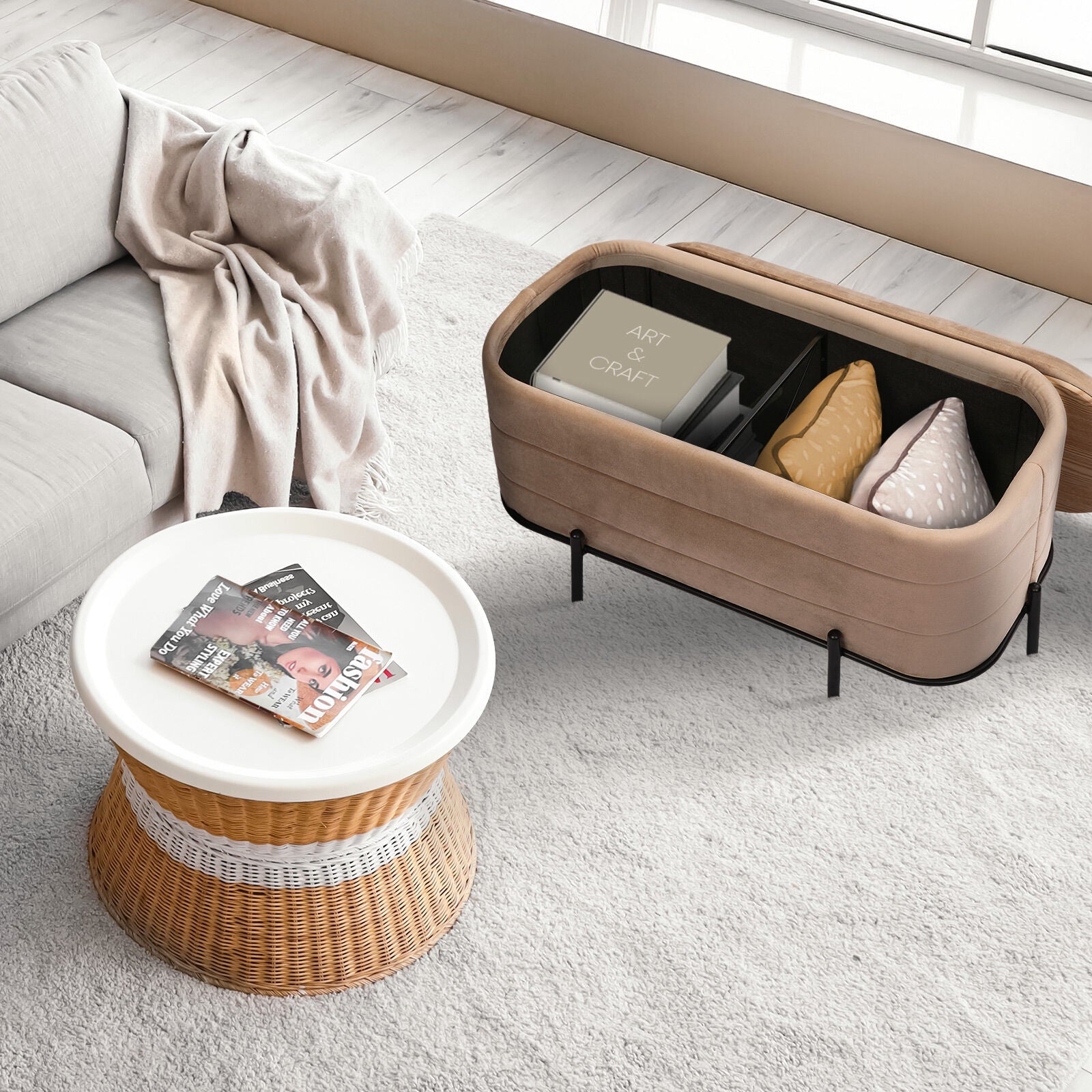 La Bella Coffee Table Storage Ottoman - Velvet Blanket Box Bench REMI - CAMEL BEIGE