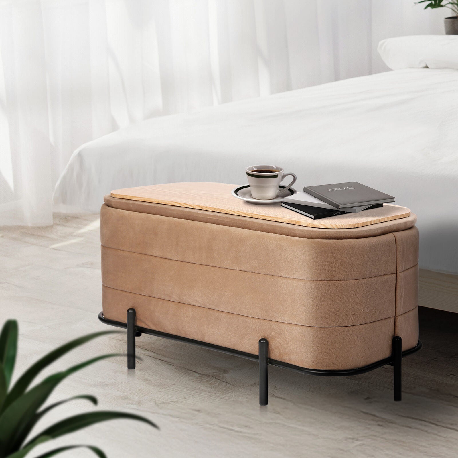 La Bella Coffee Table Storage Ottoman - Velvet Blanket Box Bench REMI - CAMEL BEIGE