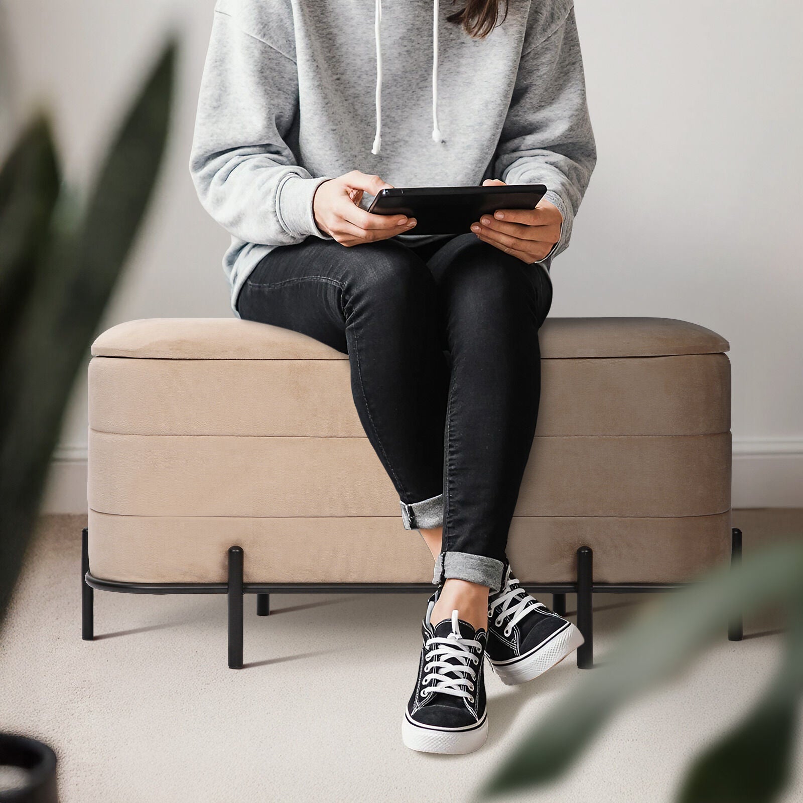 La Bella Coffee Table Storage Ottoman - Velvet Blanket Box Bench REMI - CAMEL BEIGE