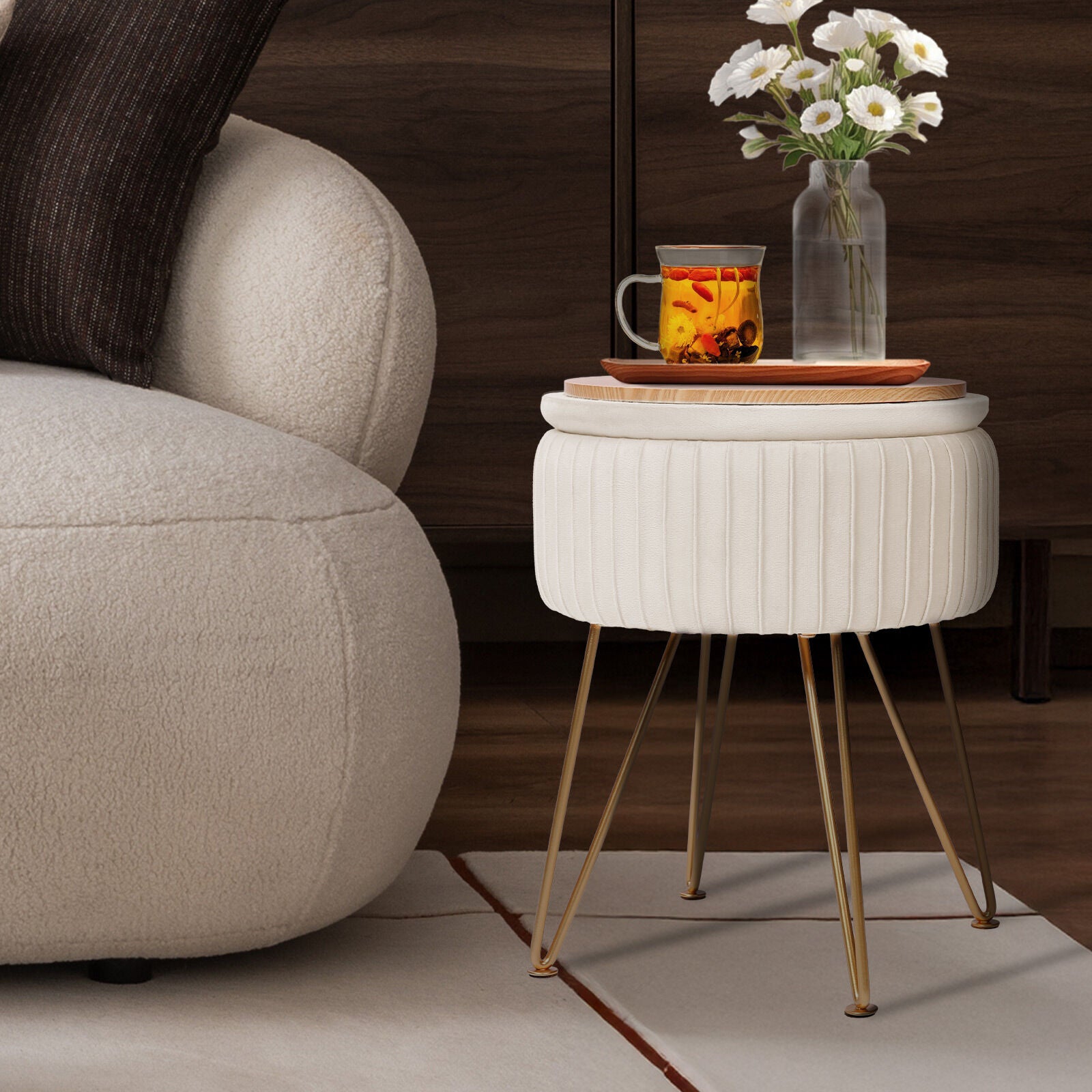Side Table Storage Ottoman - Velvet Padded Stool Vanity Footstool REMY CREAM BEIGE
