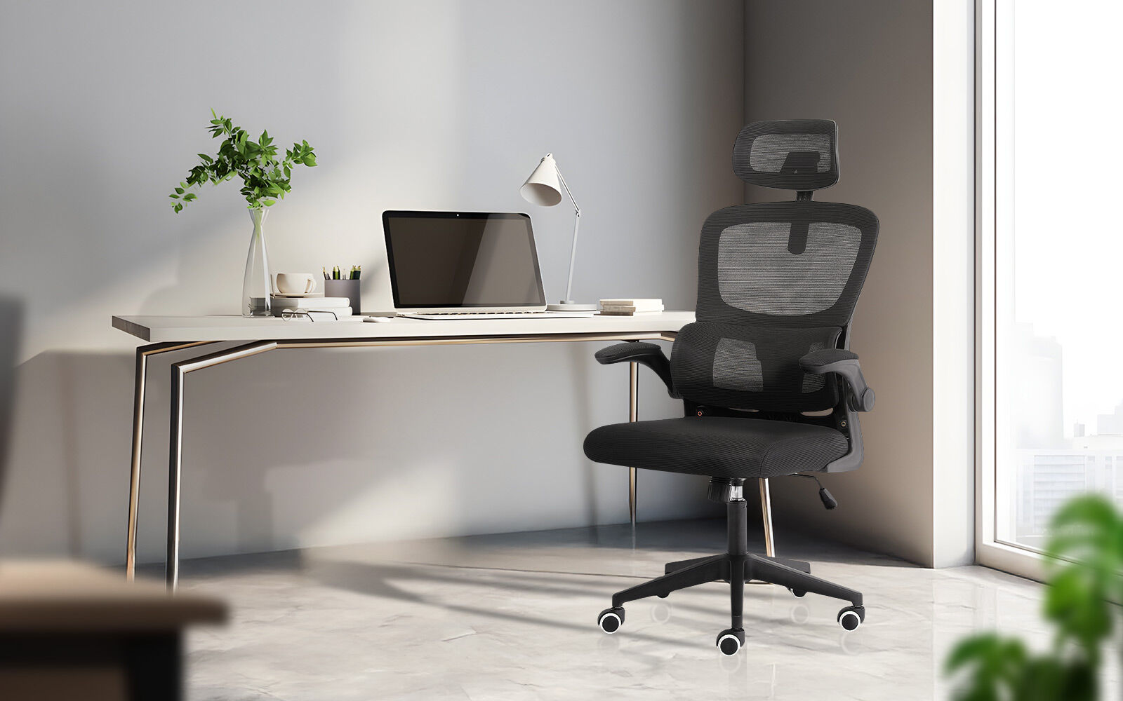 Work Office Chair - Lumber Support, Flip-up Armrest, Adjustable Headrest SITIO - Black