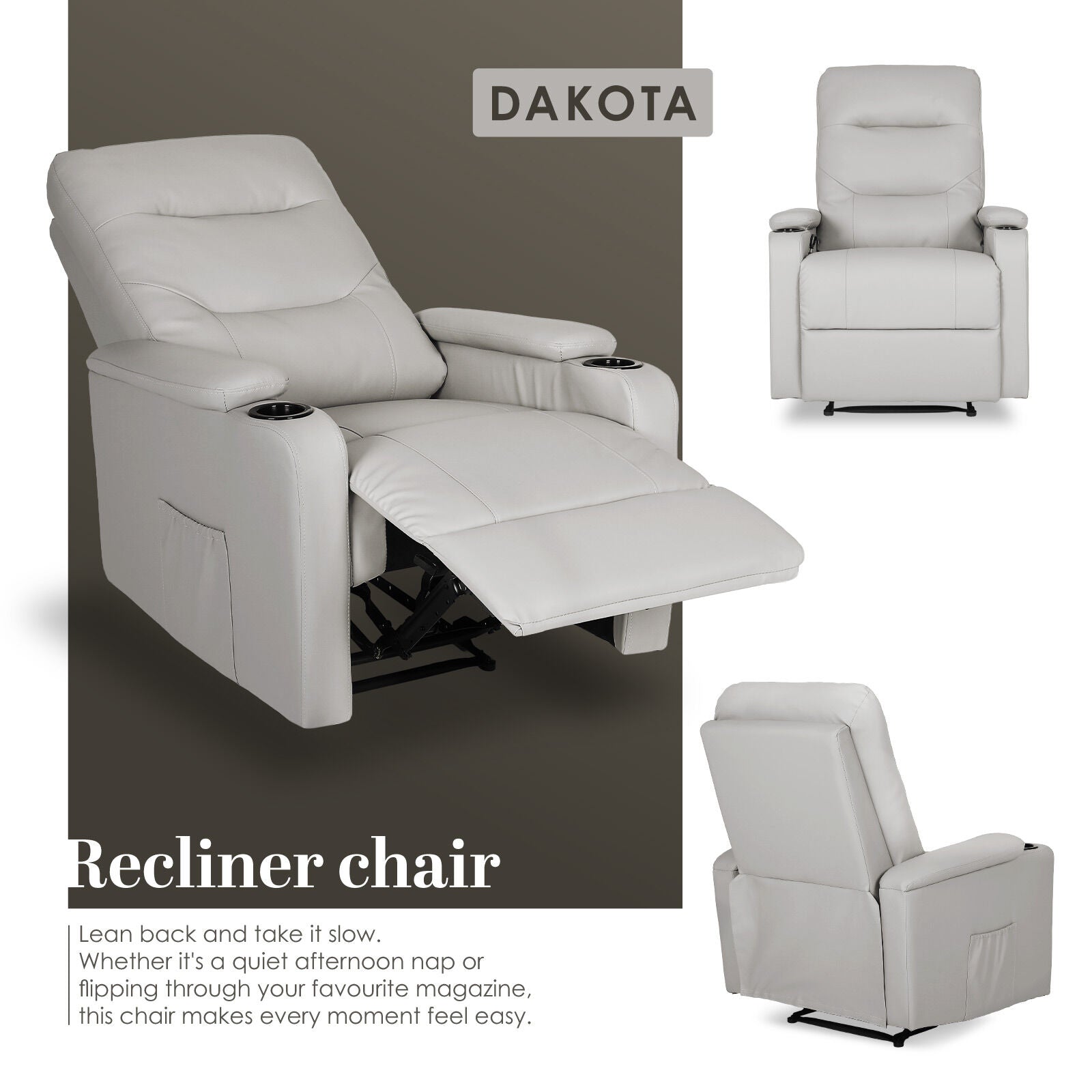 Home Recliner Chair - PU Leather Sofa Lounge Armchair DAKOTA GREY