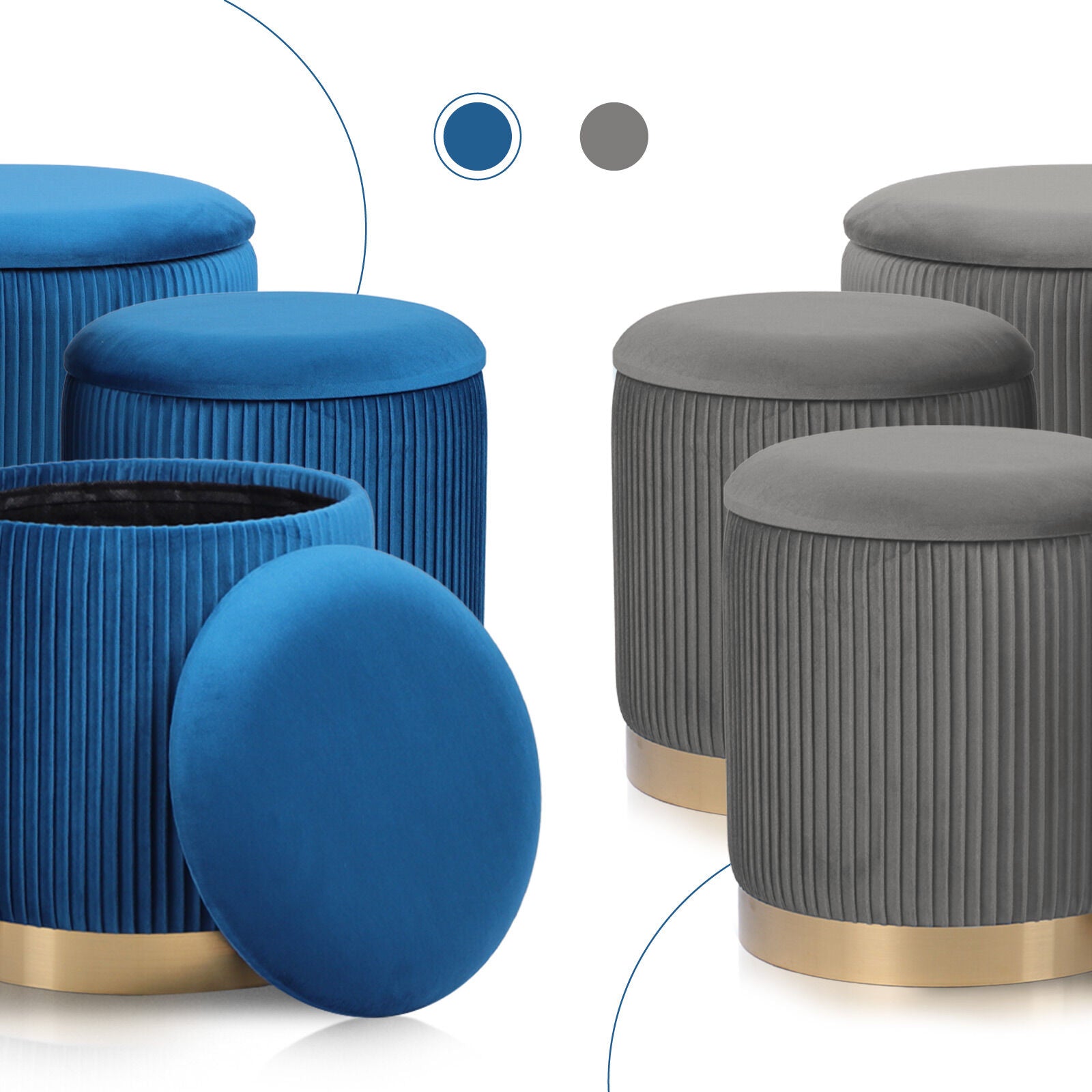 3 Piece Set Storage Ottoman - Blanket Box Velvet Padded Bench Stool FAYE BLUE