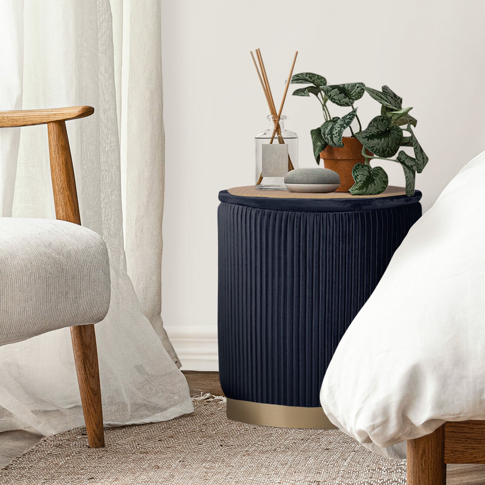 2X Side Table Storage Ottoman - Velvet Stool MIRA Black