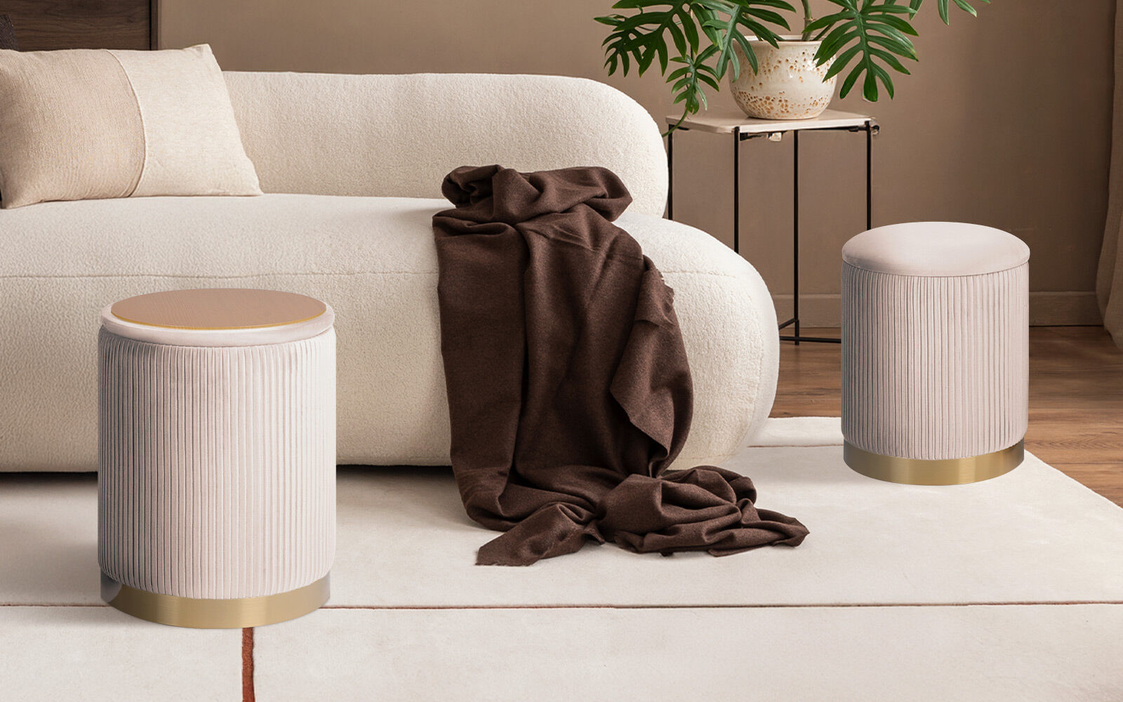 2X Side Table Storage Ottoman - Velvet Stool MIRA Cream