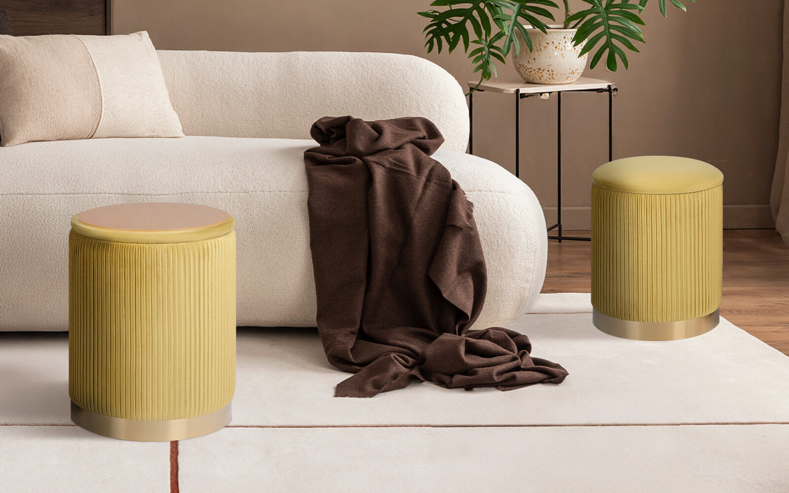 2X Side Table Storage Ottoman - Velvet Stool MIRA Mustard