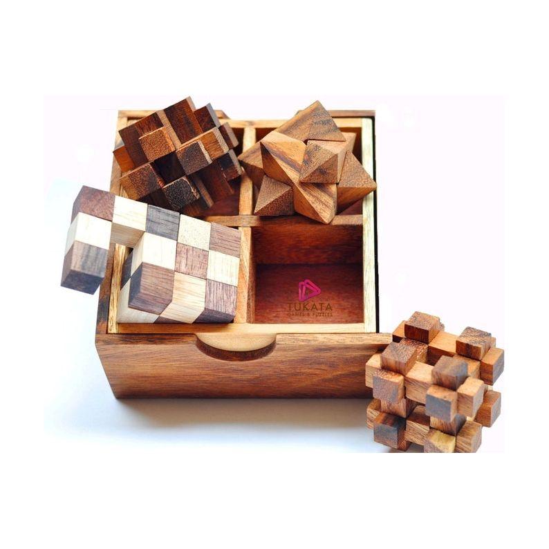 4 individual brainteaser wooden puzzles in a gift wooden box