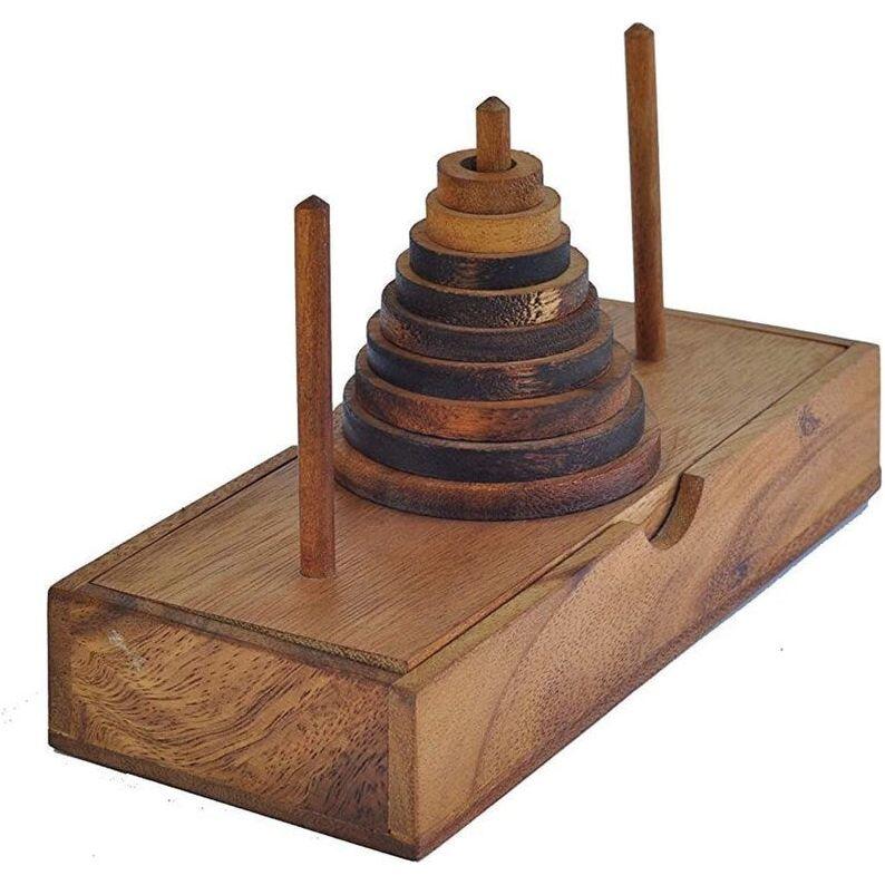 Pagoda 9 ring brain teaser puzzle, wood, handmade 3D puzzle-arrange rings on end column to solve