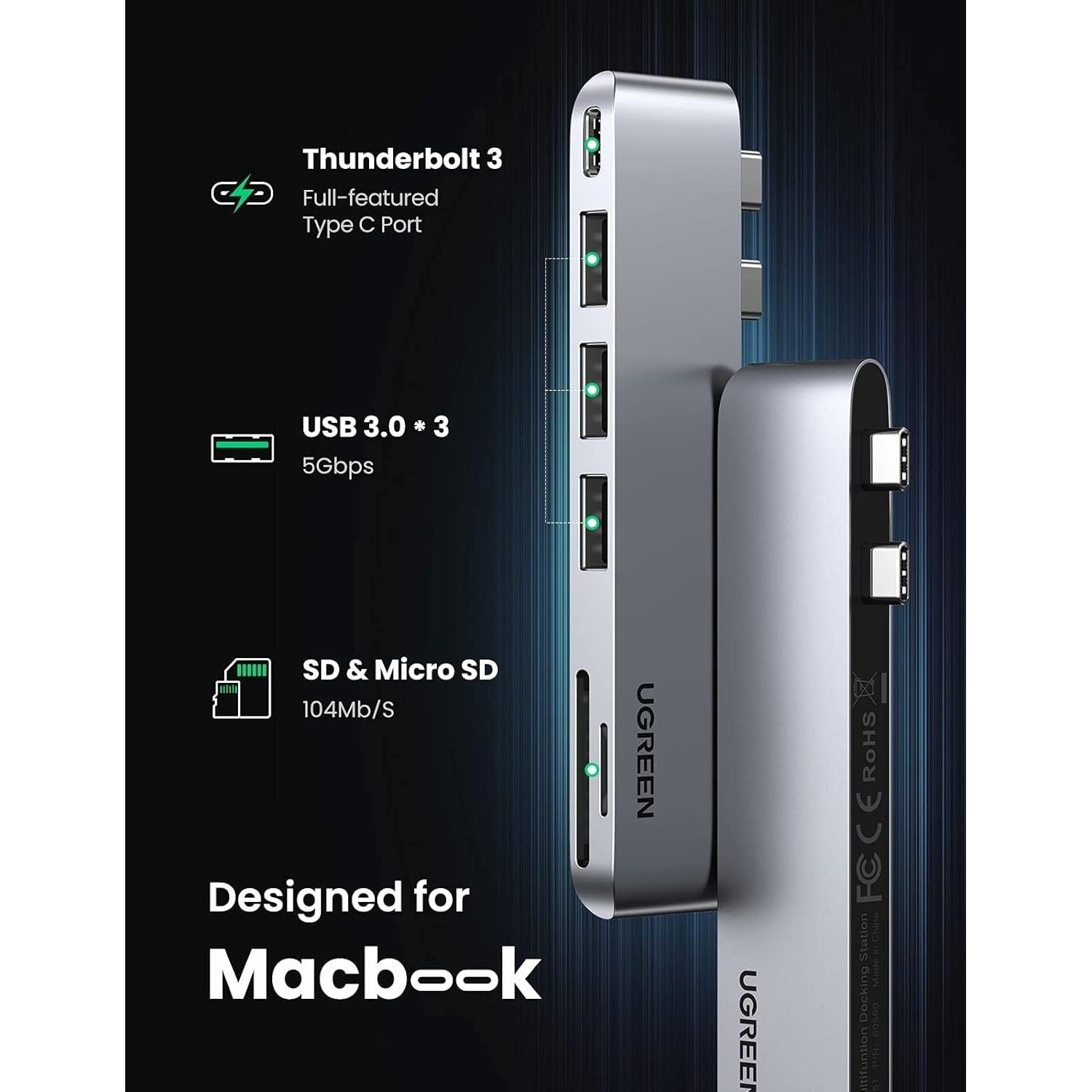 UGREEN 60560 USB-C Hub for MacBook Aluminum Type-C Adapter with 3 USB 3.0 100W