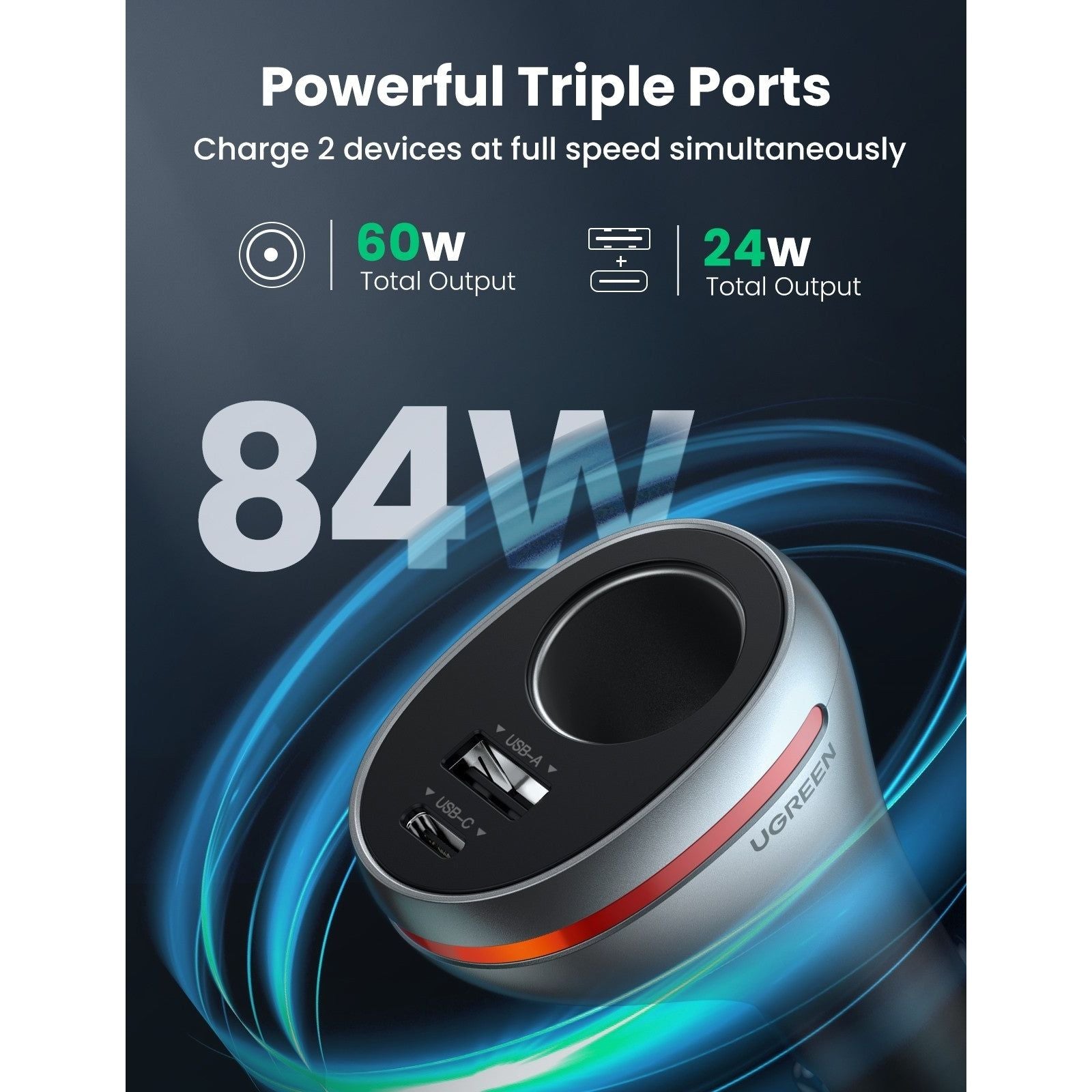 UGREEN 60712 84W Dual Port Car Charger (Space Grey)