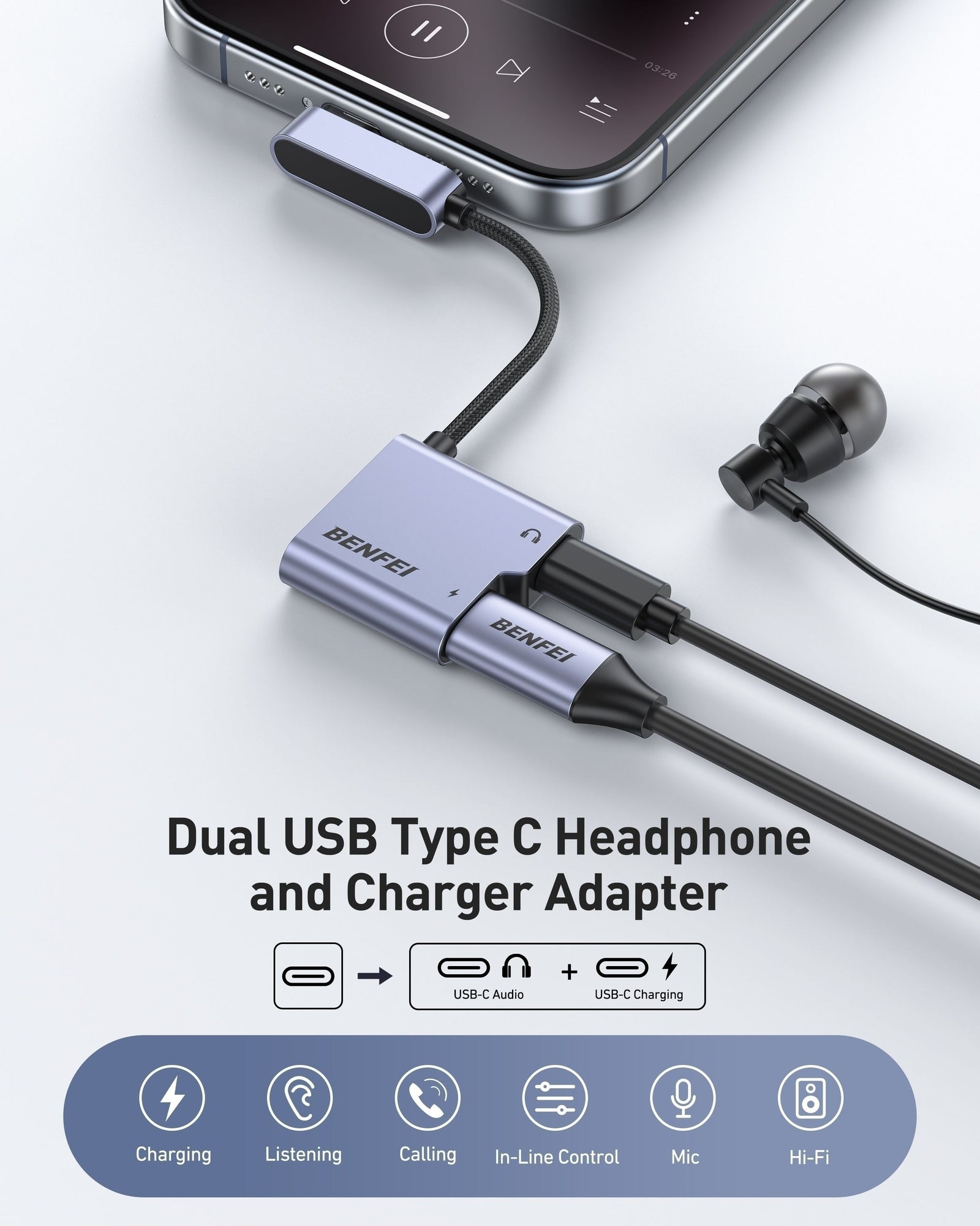 BENFEI 000413GY USB-C to USB-C Audio Headphone + Data Transfer and Charging Adapter