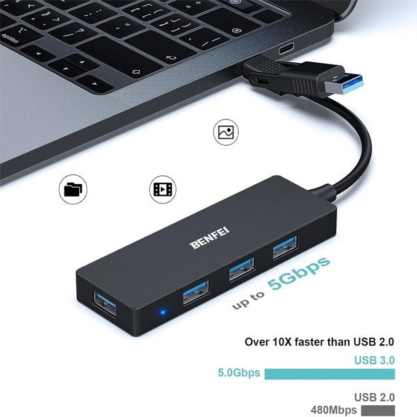 BENFEI 000291BK 4-Port USB 3.0 Ultra Flat Data Hub, USB C Hub with 4 Ports USB 3.0 Adapter
