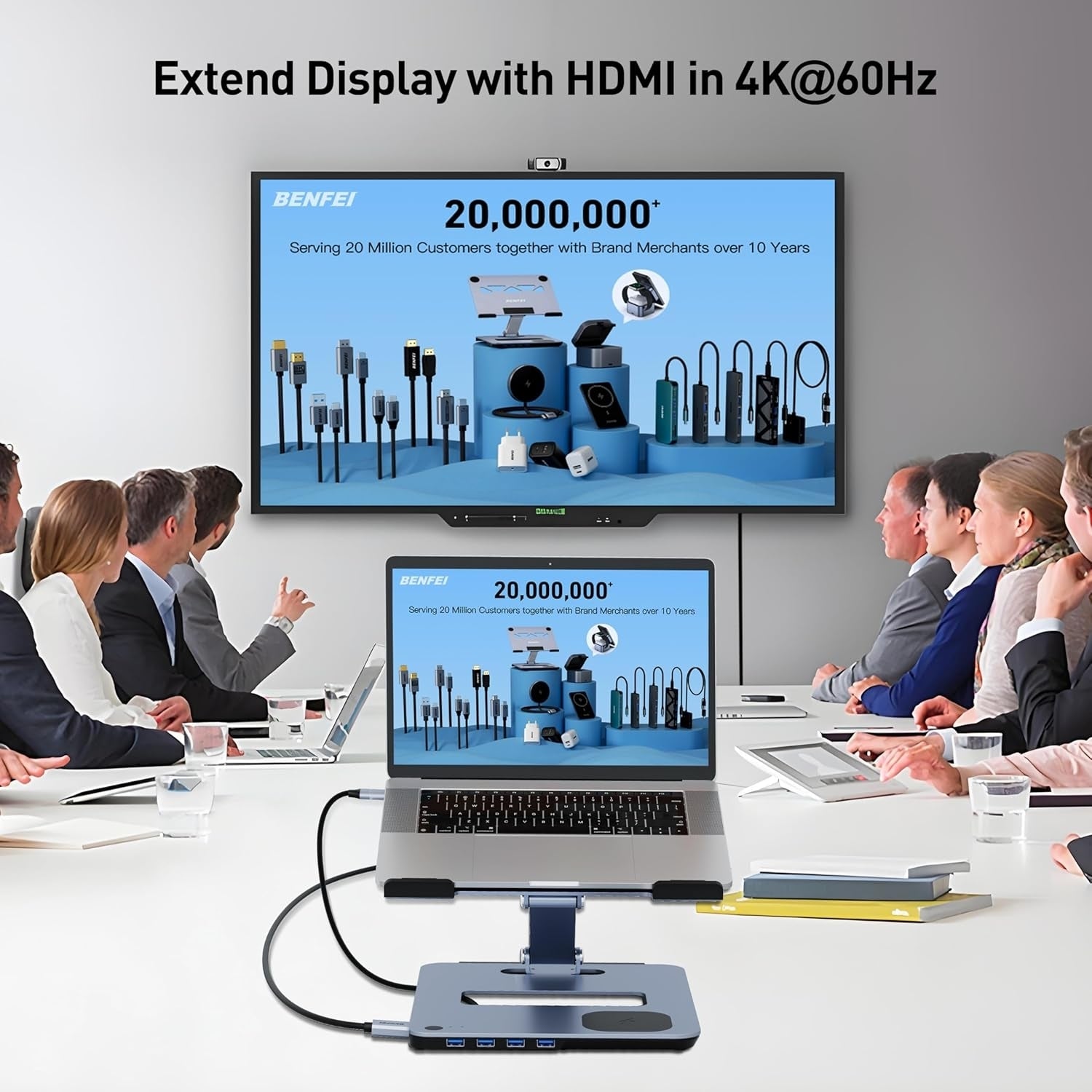 BENFEI 000366GY Laptop Stand with USB C Hub, Multi Function With USB and KVM Switch and 15W Wireless Charger