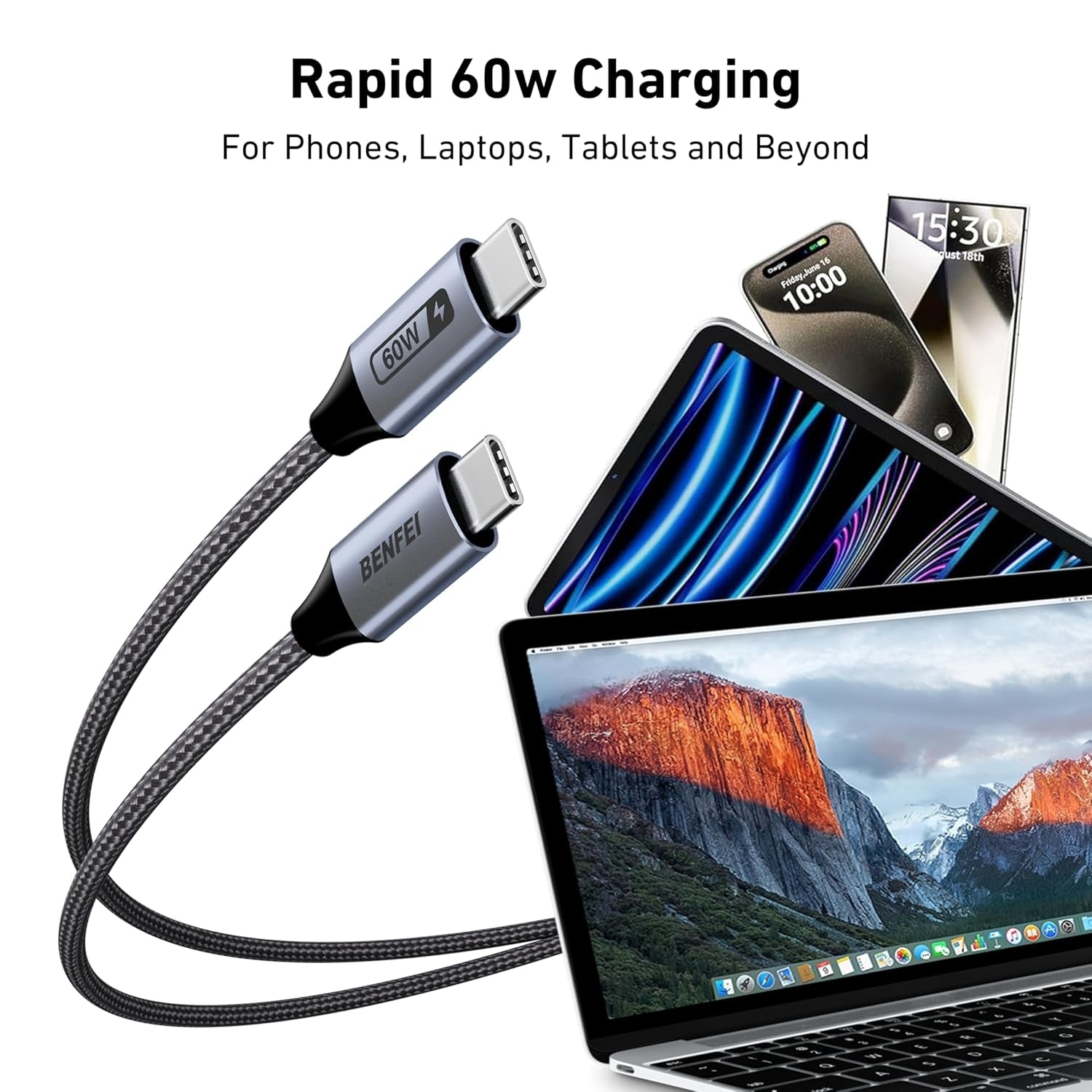 BENFEI 000382GY-4P USB C Fast Charging 60W Cable, 4-Pack(3.3ft/1M x 2 + /6.6ft/2M x 2) Nylon Braided Cable for I-phone 15/16/17 and Samsung / Google phone.