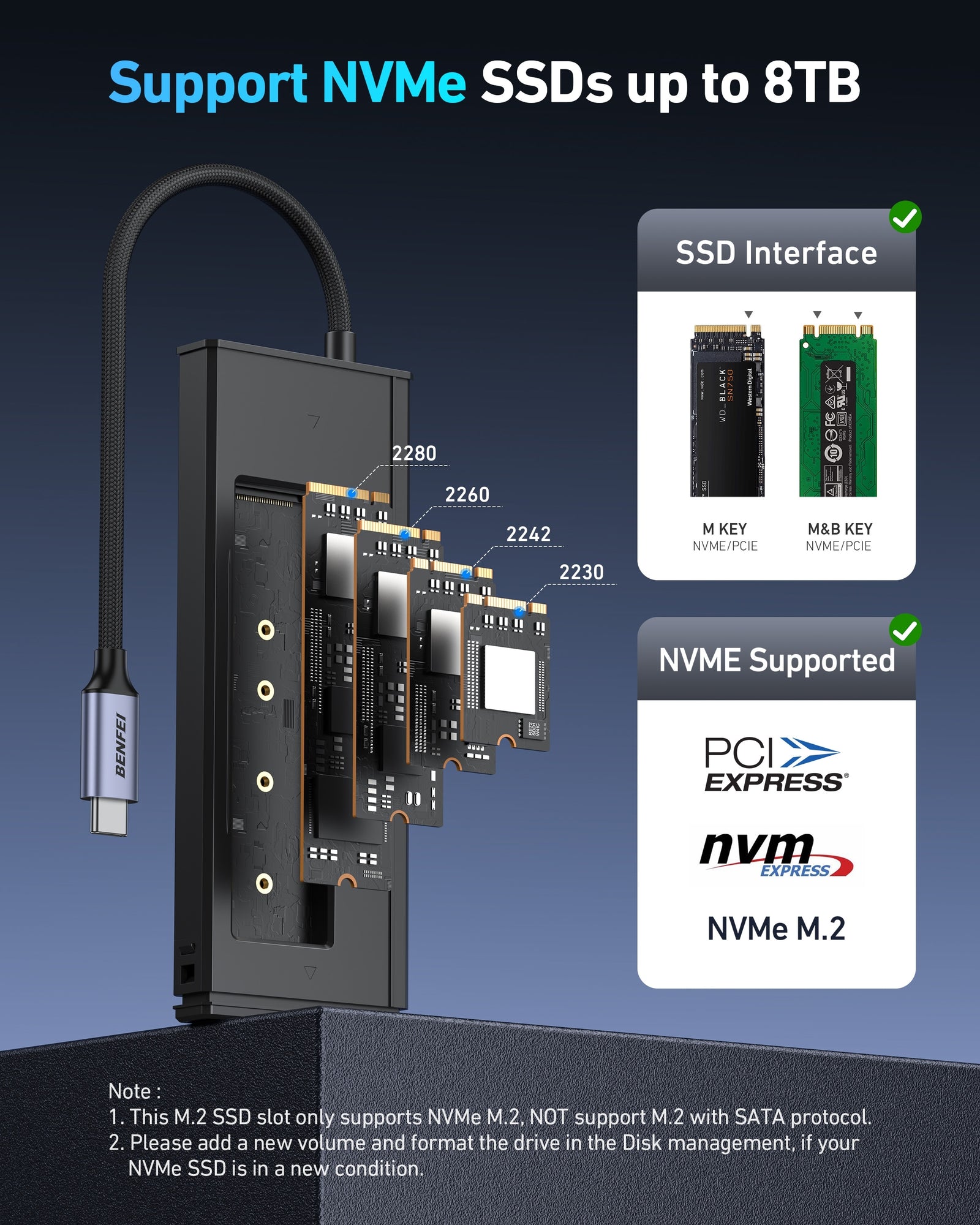 BENFEI 000389GY M.2 NVMe Enclosure with USB-C Hub