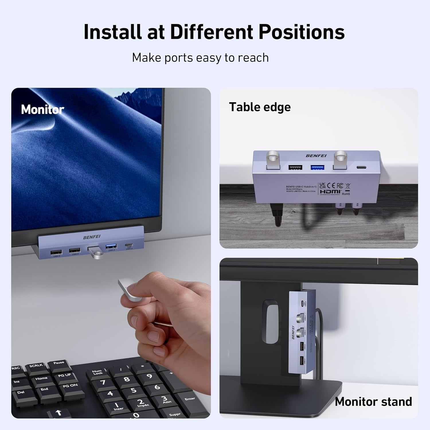 BENFEI 396GY USB-C 8-in-1 Docking HDMI 4K/60Hxz+USB-C(10G)+2xUSB-A(10G)+2xUSB2.0+RJ45+PD100W