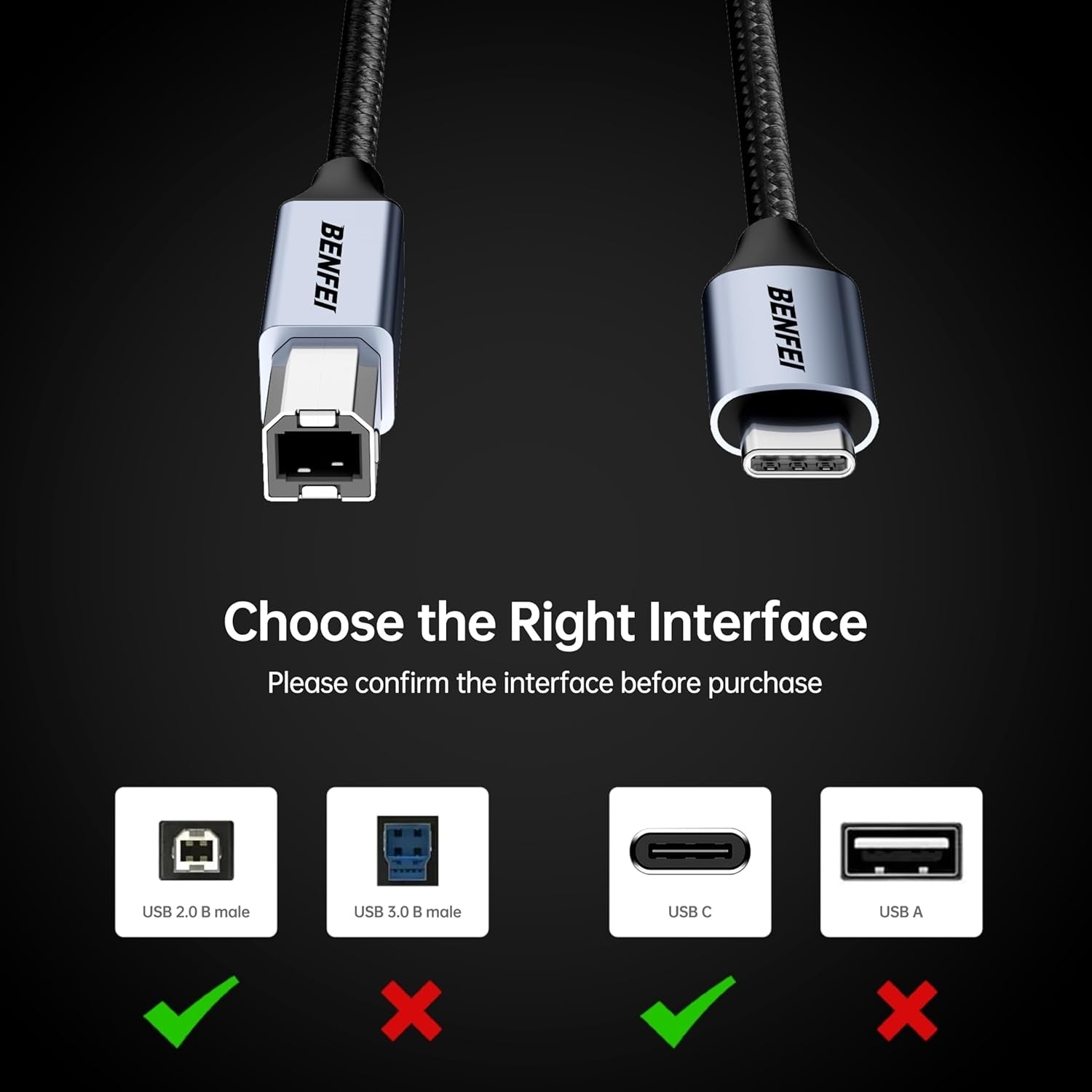 BENFEI 405GY-3M USB B to USB C Printer Cable, Nylon Braided, Premium Aluminium Alloy Case 2M