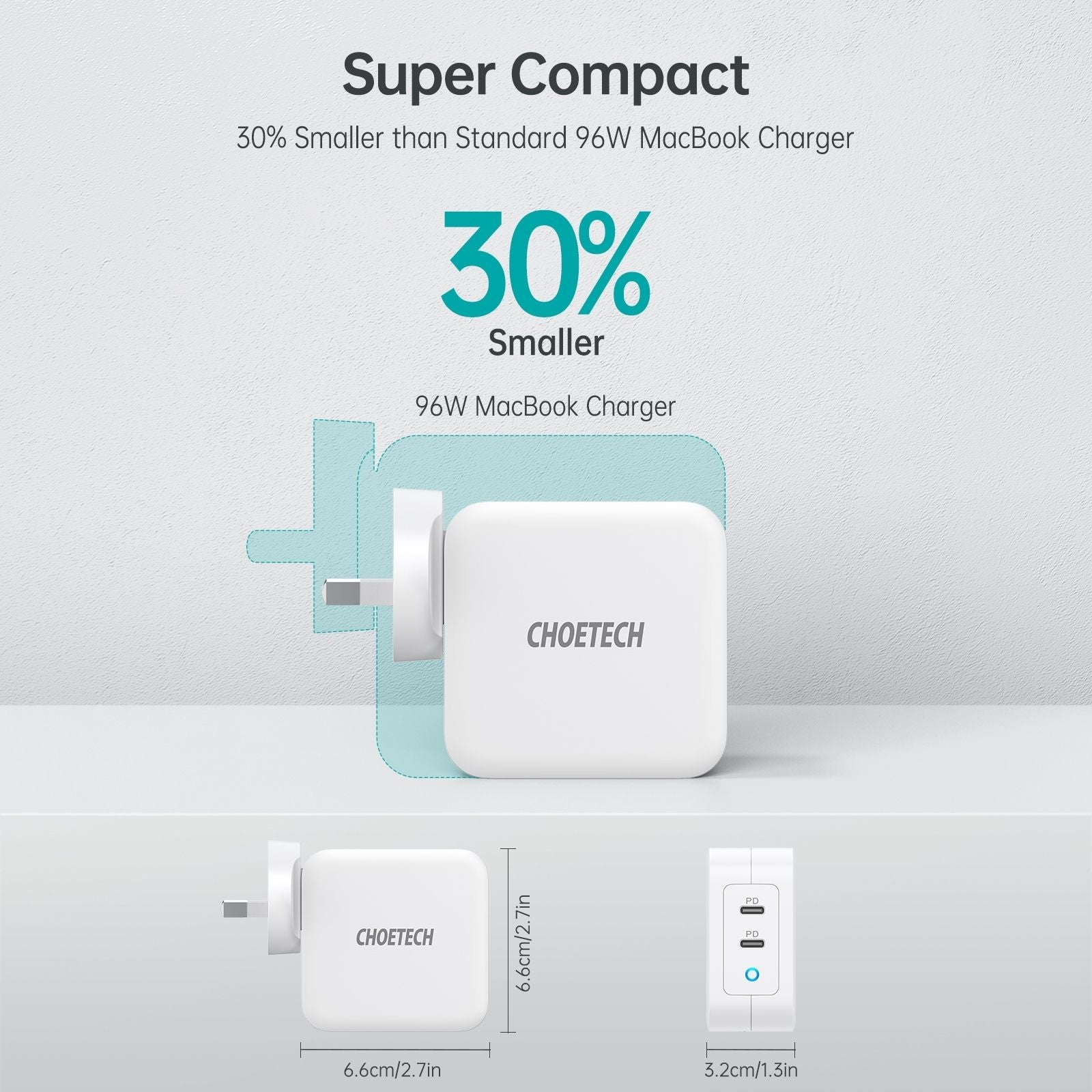 CHOETECH PD6008 GAN Dual Type-C 100w Travel Charger (US/EU/UK/AU)