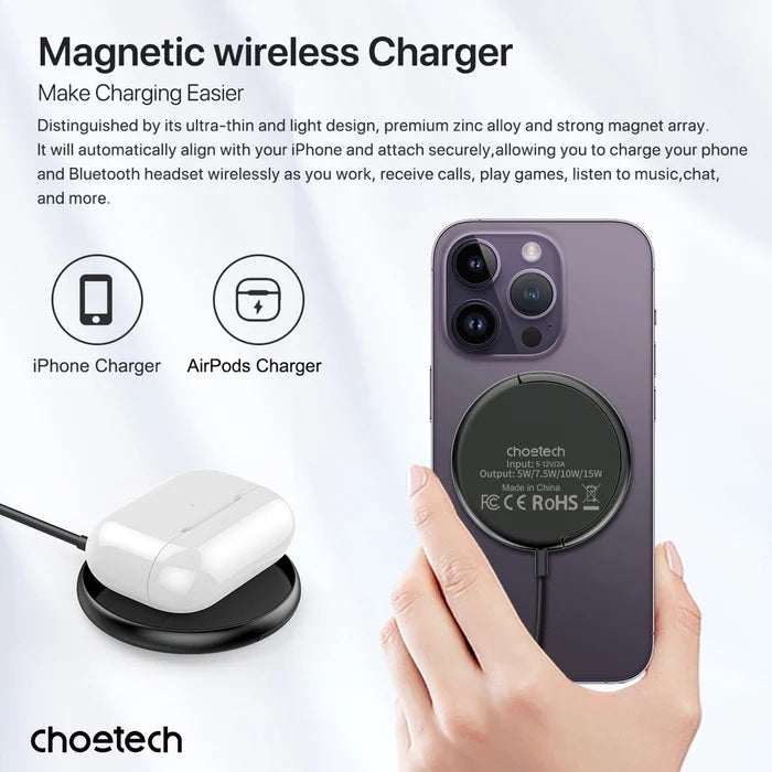 CHOETECH T697-F 15W/7.5W/5W magnetic charger for iPhone, Air Pods and more 1.5M Black