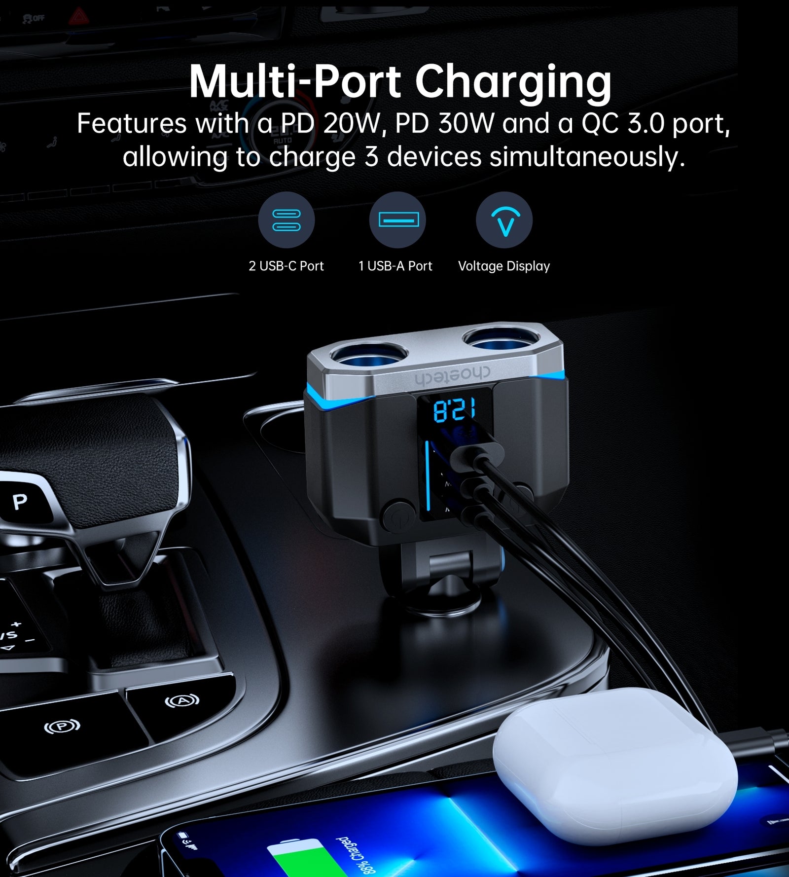 CHOETECH TC0020 45W 2 Sockets + 2x USB-C + 1x USB-A Cigarette Lighter Splitter