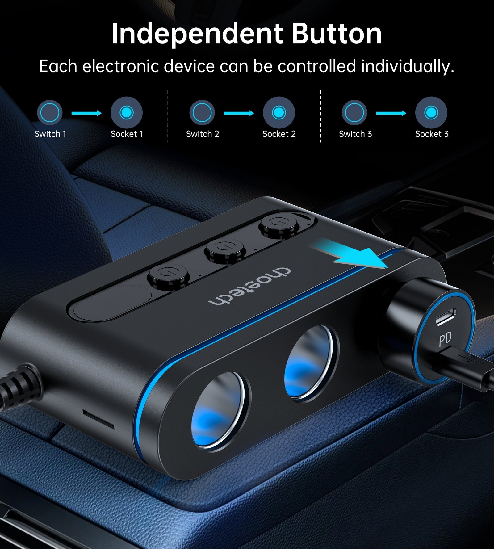 CHOETECH TC0021 3 Sockets 2C+1A Cigarette Lighter Splitter Black