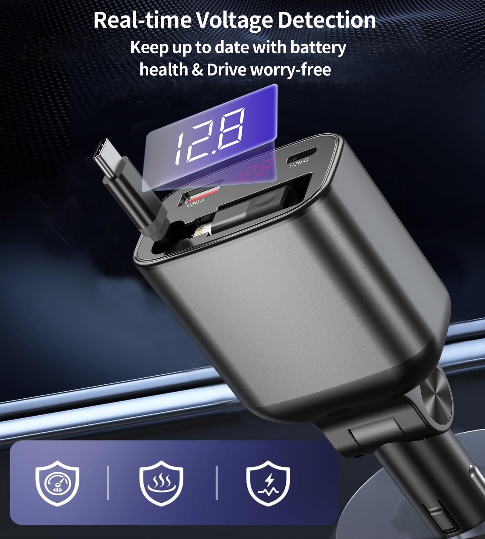 CHOETECH TC0033 105W USB-C+USB-A Fast car charger with Stretchable USB-C + Lightning cables