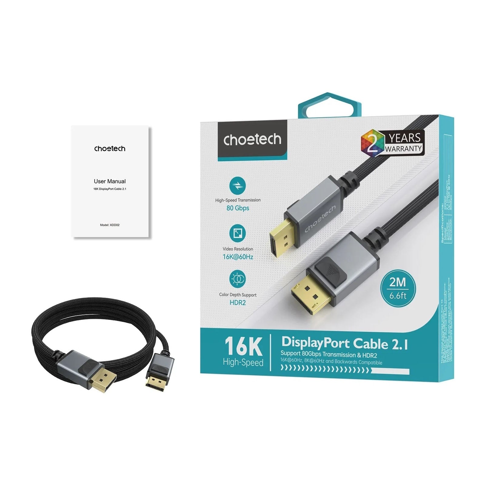CHOETECH XDD02-1M 16K 60Hz / 8K 240Hz Resolution DP2.1 to DP cable 1M