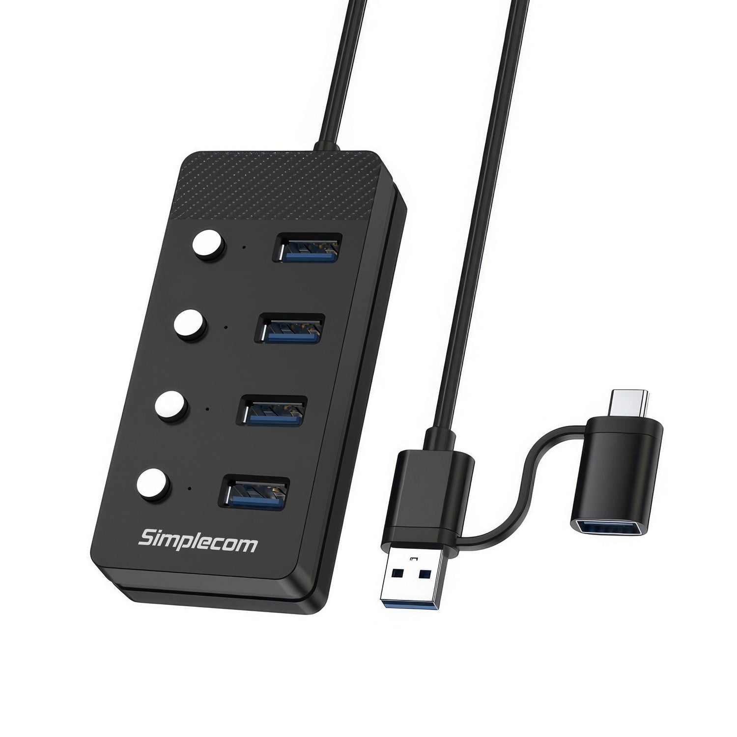Simplecom CH345C SuperSpeed USB-A and USB-C to 4-Port USB 3.0 Hub 5Gbps Individual Switches and Power Adapter